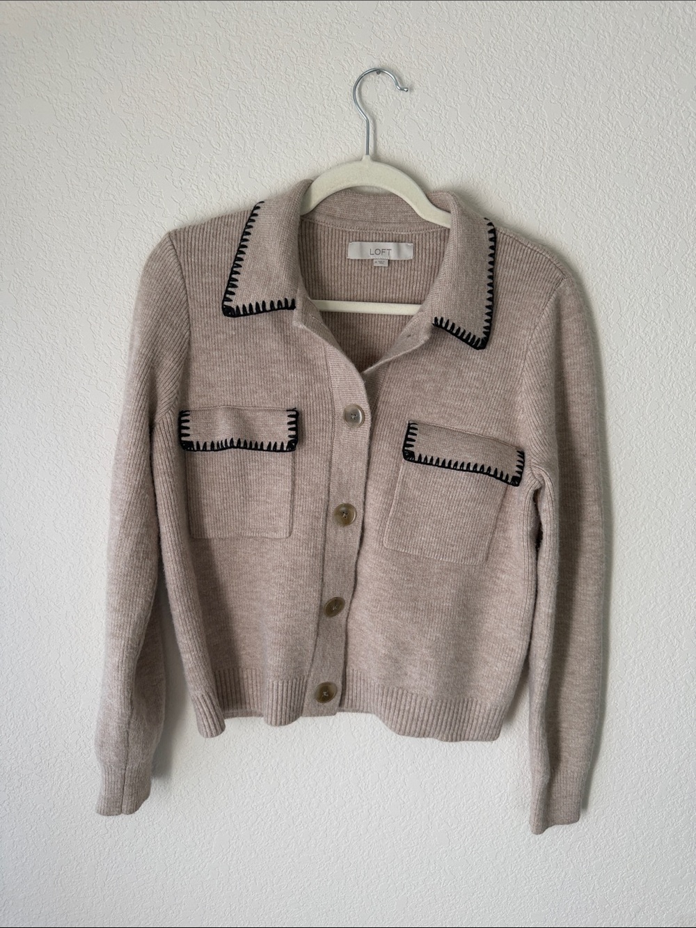 LOFT Taupe Cardigan with Black Trim